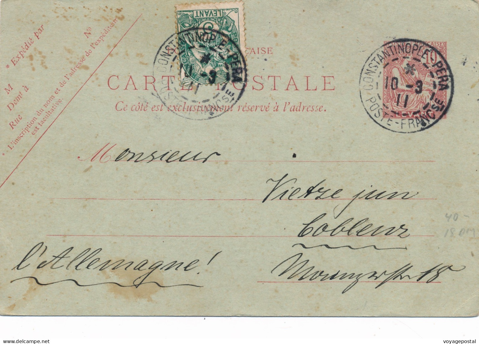 CARTE ENTIER MOUCHON + BLANC CONSTANTINOPLE TURQUIE COBLENZ CARD TURKEY - Covers & Documents