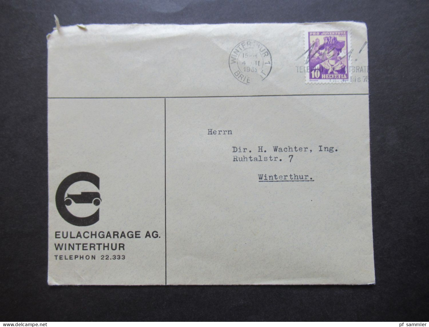 Schweiz 1935 Pro Juventute 1934 EF Firmenumschlag Mit Auto / Eulachgarage AG. Winterthur / Ortsbrief - Cartas & Documentos