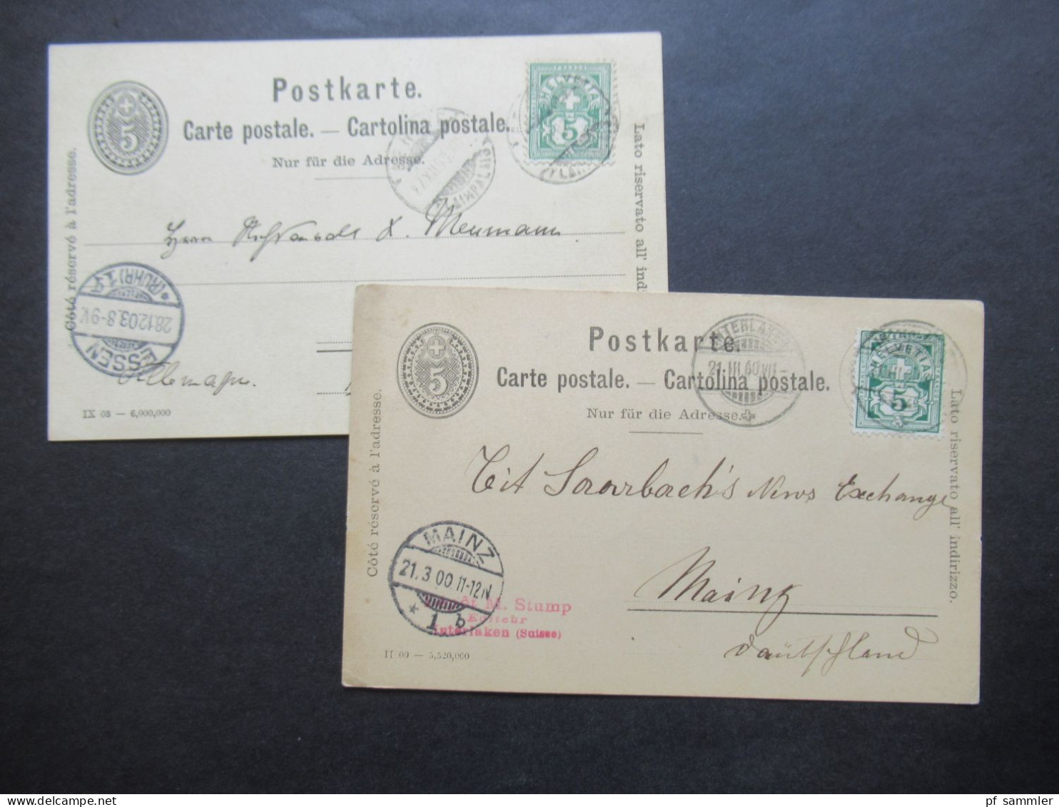 Schweiz 1900 U. 1903 GA Mit Zusatzfrankatur Ins Deutsche Reich Gesendet! Interlaken - Mainz Und Geneve - Essen Ruhr - Stamped Stationery