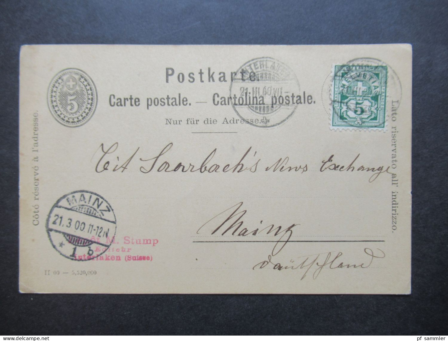 Schweiz 1900 U. 1903 GA Mit Zusatzfrankatur Ins Deutsche Reich Gesendet! Interlaken - Mainz Und Geneve - Essen Ruhr - Stamped Stationery