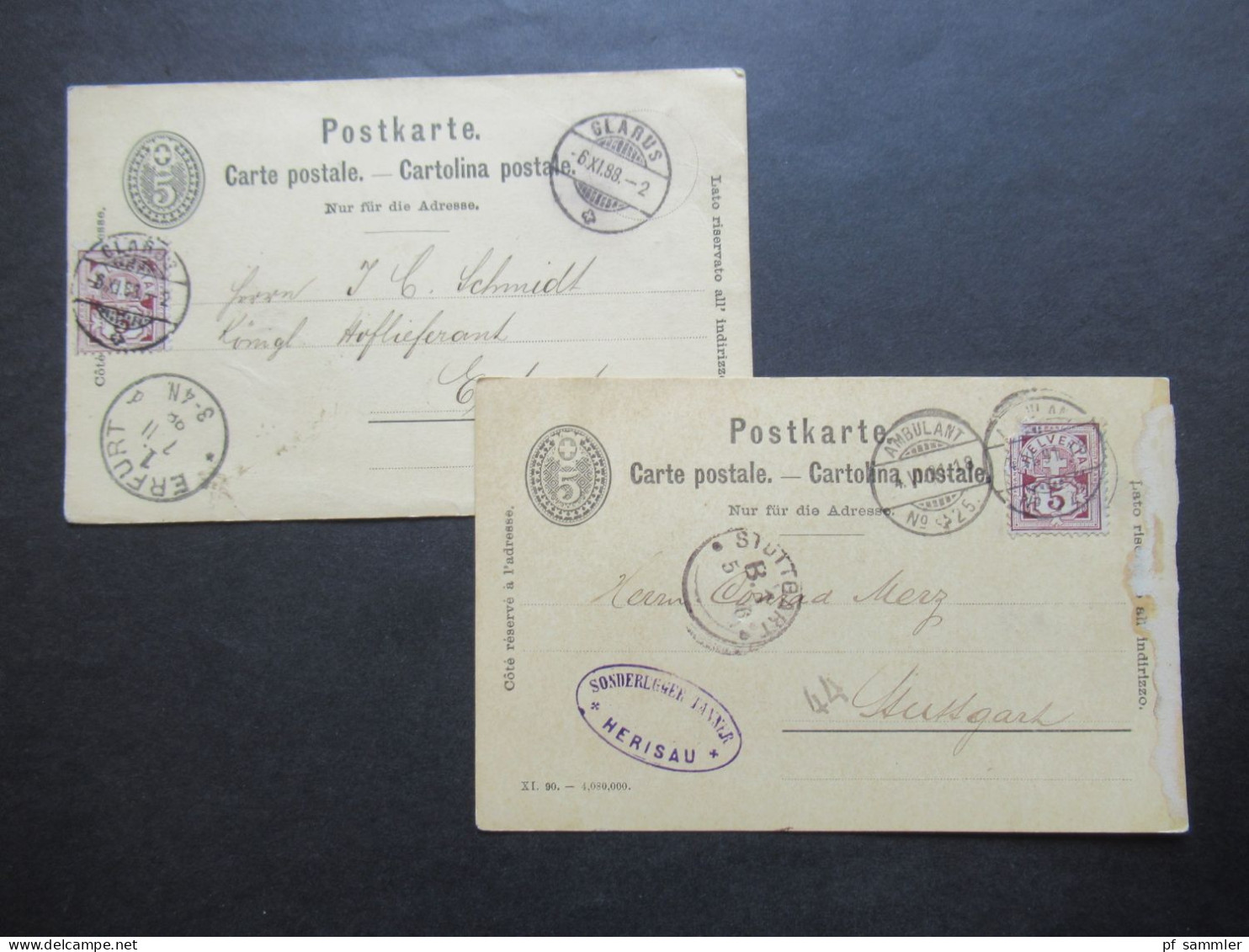 Schweiz 1888 2x GA Mit Zusatzfrankatur Ins Deutsche Reich Gesendet! 1x Ambulant No 25 Bahnpost! 1x Glarus - Erfurt - Stamped Stationery