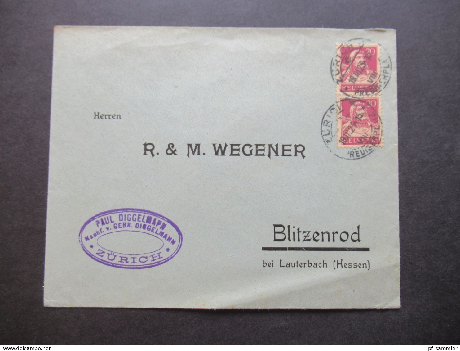 Schweiz 1923 Tell MeF Absender Stp. Paul Diggelmann Zürich Nach Blitzenrod Bei Lauterbach (Hessen) - Storia Postale