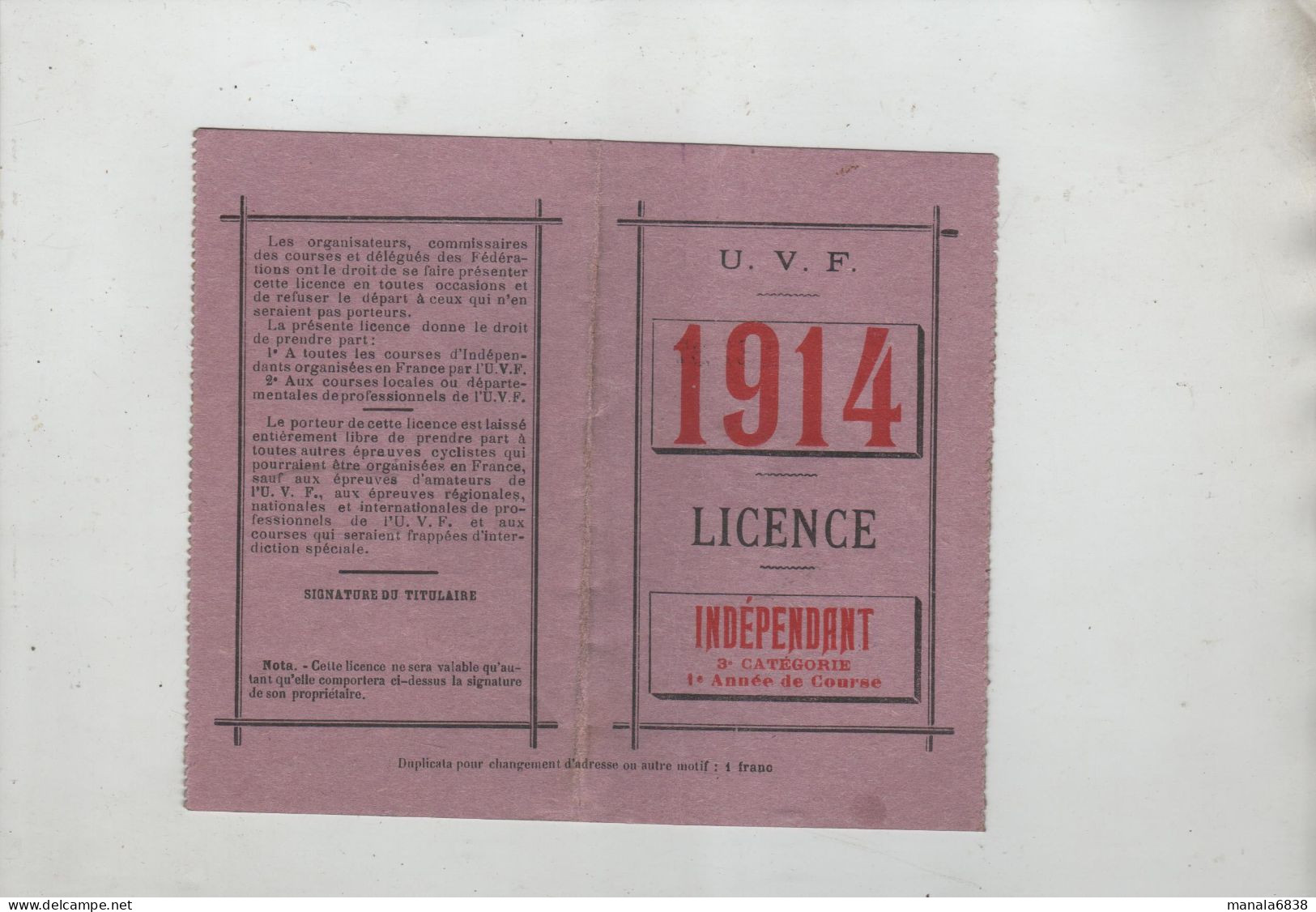 UVF Union Vélocipédique De France 1914 Licence Chaumeton Issoudun Indépendant - Non Classés