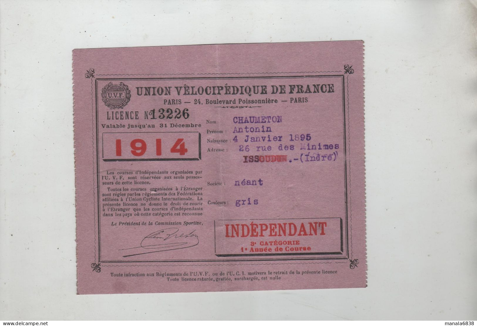 UVF Union Vélocipédique De France 1914 Licence Chaumeton Issoudun Indépendant - Non Classés