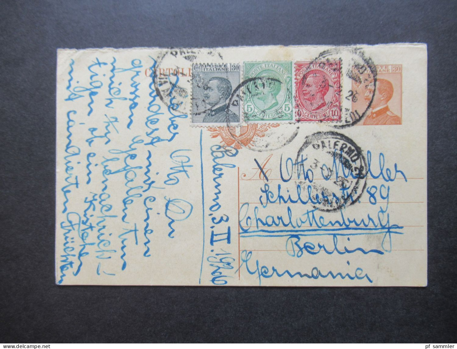 Italien 1926 Ganzsache / Fragekarte ?! Mit 3 Zusatzfrankaturen Palermo - Berlin Charlottenburg - Entero Postal