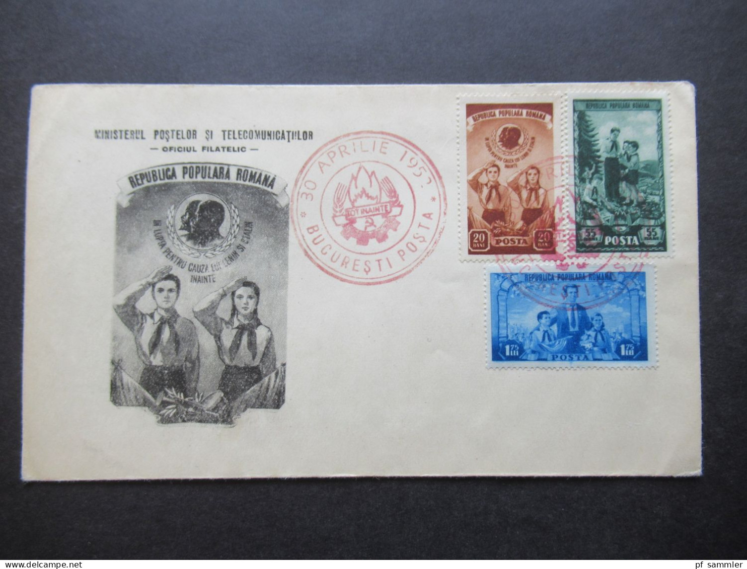 Rumänien 1952 3 Jahre Pionierorganisation Nr.1396 / 1398 Auf FDC / Schmuckumschlag Mit Rotem Sonderstempel - Briefe U. Dokumente