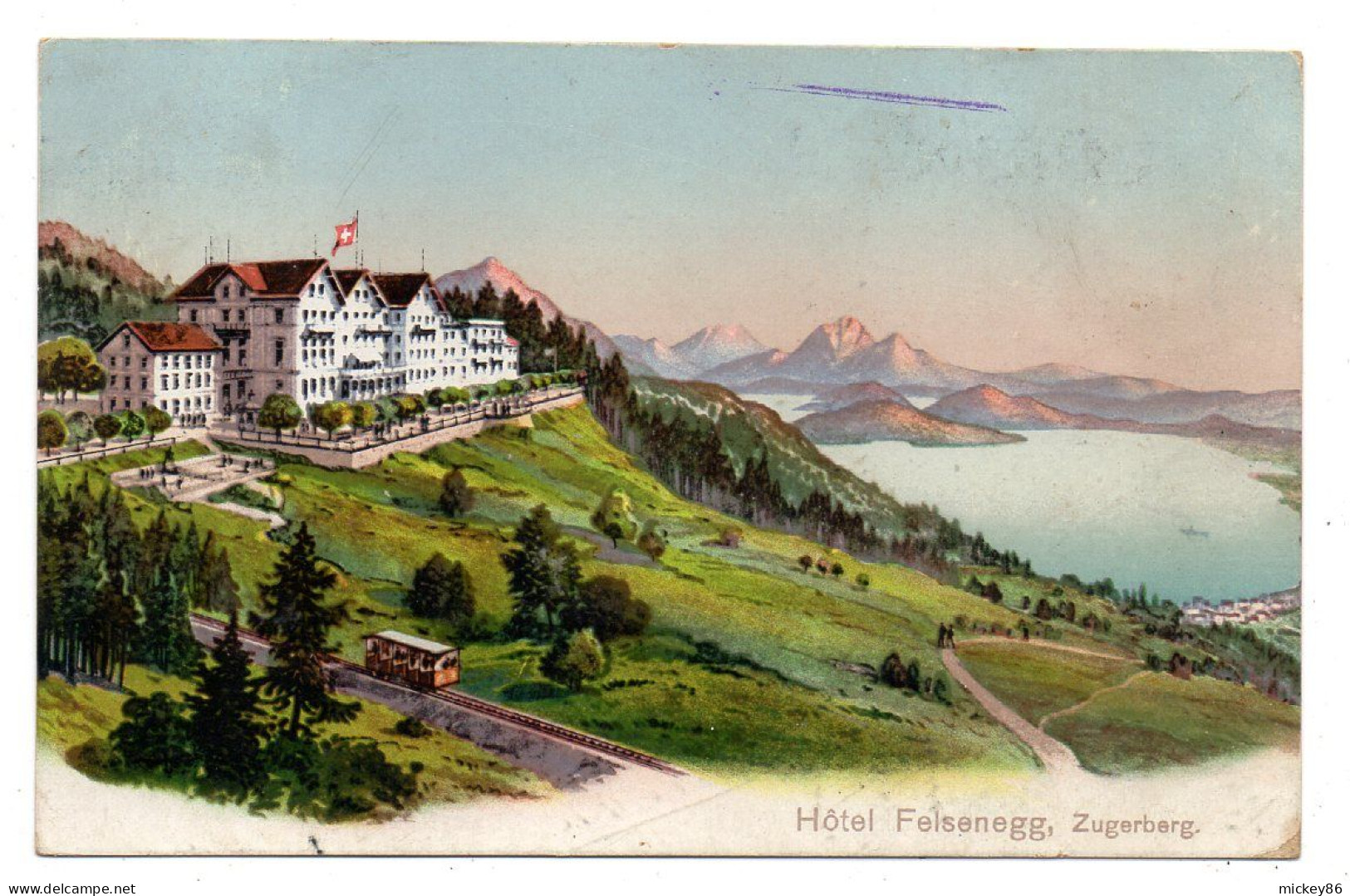 Suisse--ZG--ZUGERBERG--1912--Hôtel Felsenegg (train) ....colorisée...timbre...cachet ZUG  +  Cachet Hôtel - Zugo
