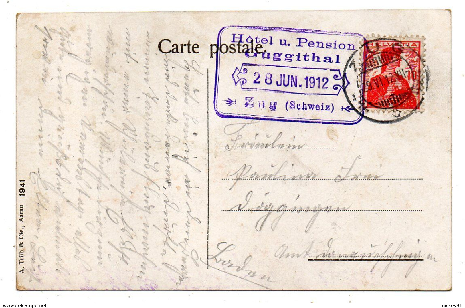 Suisse--ZG--ZUGERBERG--1912--Hôtel Felsenegg (train) ....colorisée...timbre...cachet ZUG  +  Cachet Hôtel - Zug