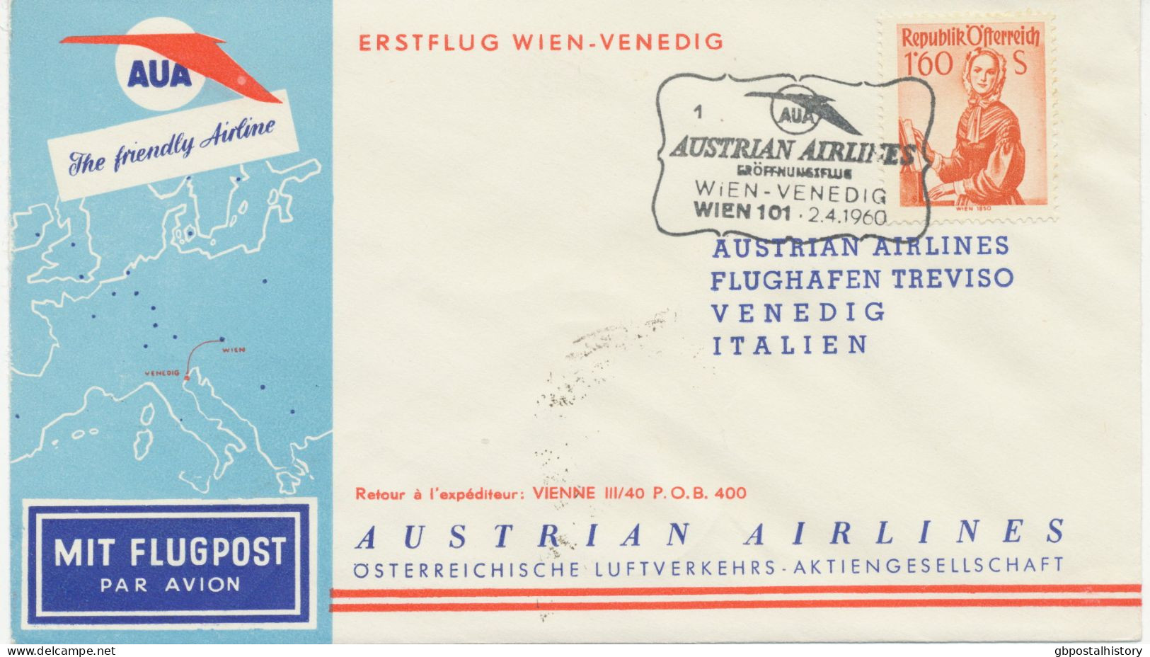 ÖSTERREICH AUA ERSTFLUG 1960 WIEN – VENEDIG (Stempel-Nr. 1), AUA SONDERSTEMPEL - Eerste Vluchten