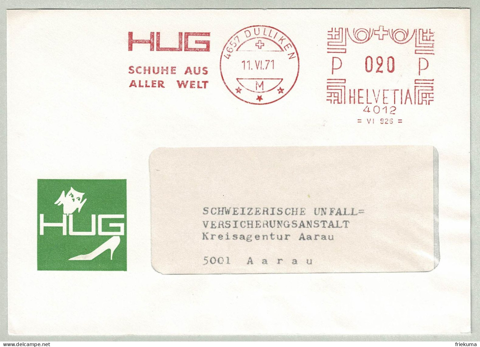 Schweiz / Helvetia 1971, Briefausschnitt Freistempel / EMA / Meterstamp Hug Schuhe Dulliken - Aarau, Chaussure / Shoe - Textile