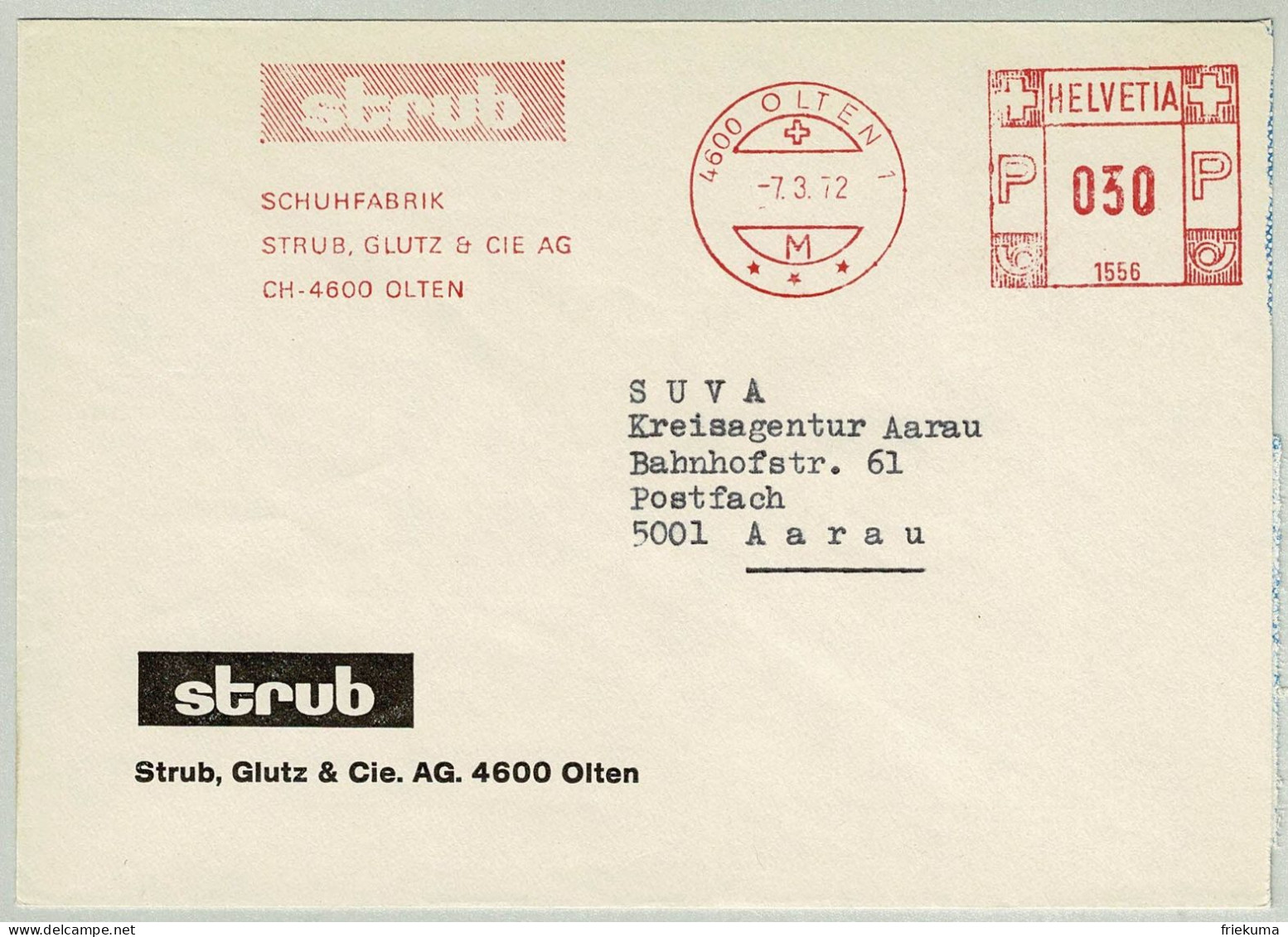 Schweiz / Helvetia 1972, Brief Freistempel / EMA / Meterstamp Strub Olten - Aarau, Schuhfabrik / Shoe Factory - Textile