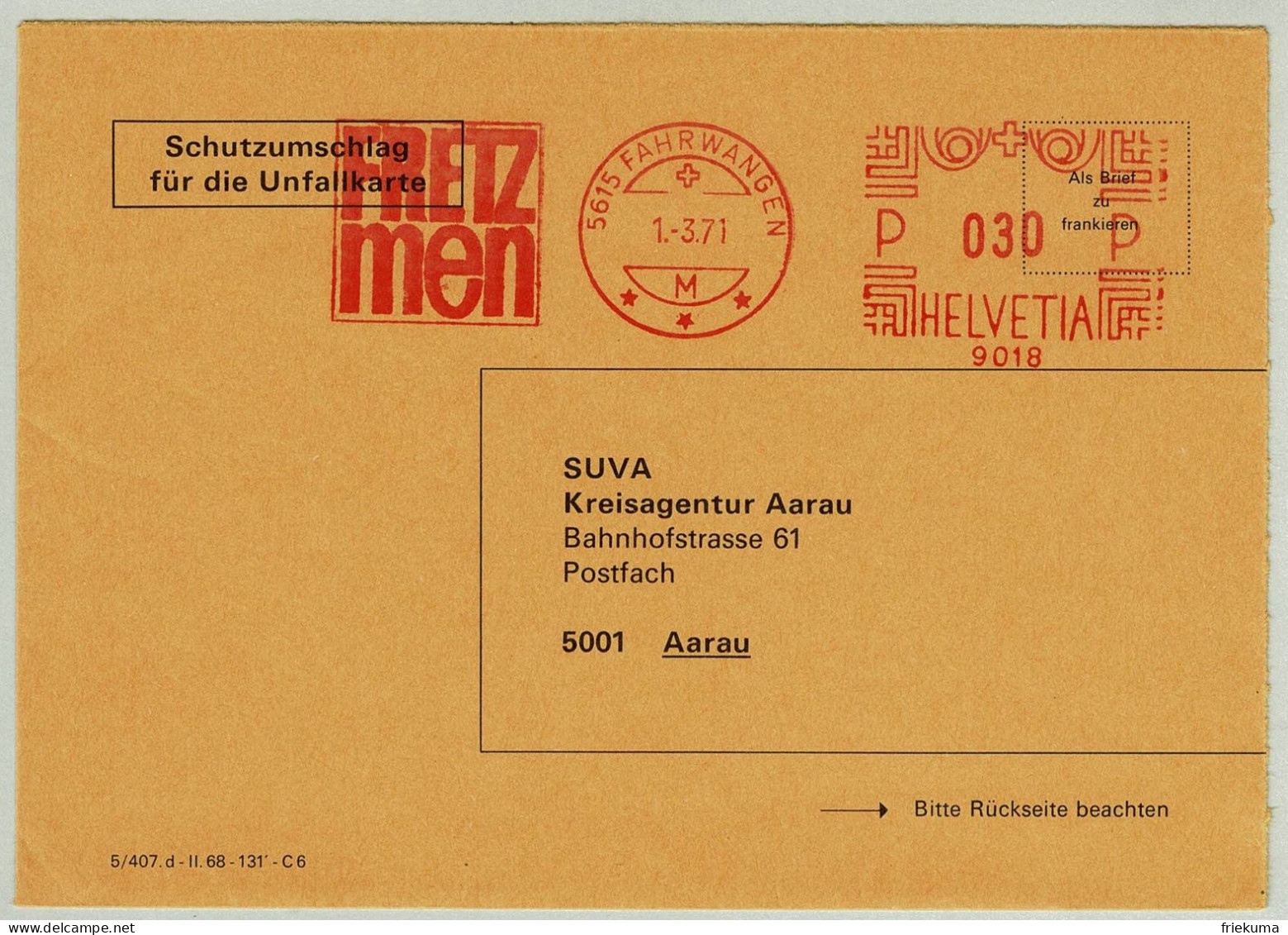 Schweiz / Helvetia 1971, Briefausschnitt Freistempel / EMA / Meterstamp Fretzmen Fahrwangen - Aarau, Schuhfabrik / Shoe - Textile