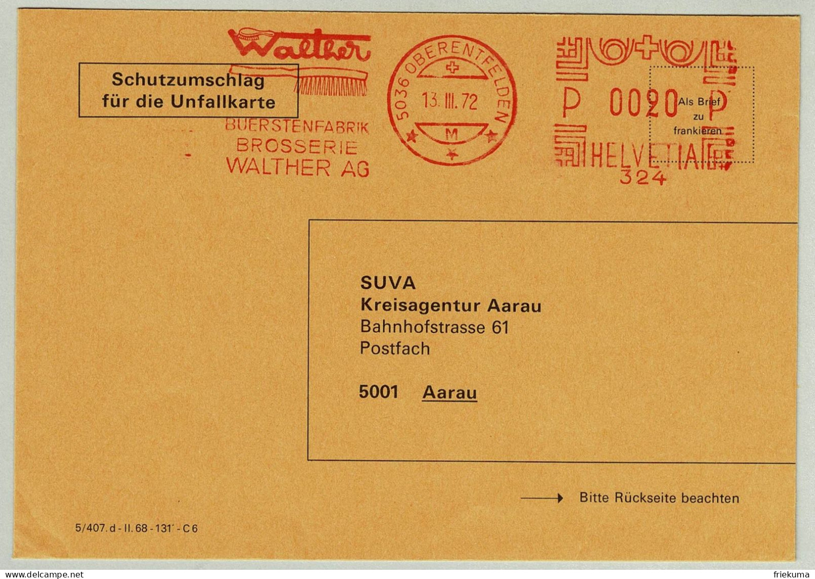 Schweiz / Helvetia 1972, Brief Freistempel / EMA / Meterstamp Walther Oberentfelden - Aarau, Bürstenfabrik / Brosserie - Textile