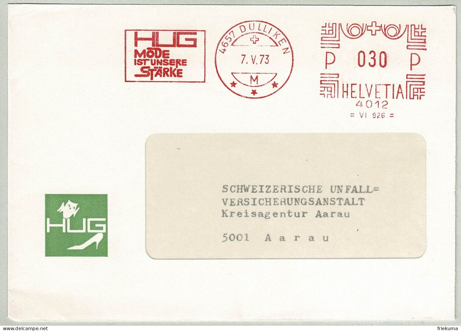 Schweiz / Helvetia 1973, Brief Freistempel / EMA / Meterstamp Hug Schuhe Dulliken - Aarau, Chaussure / Shoe - Textile