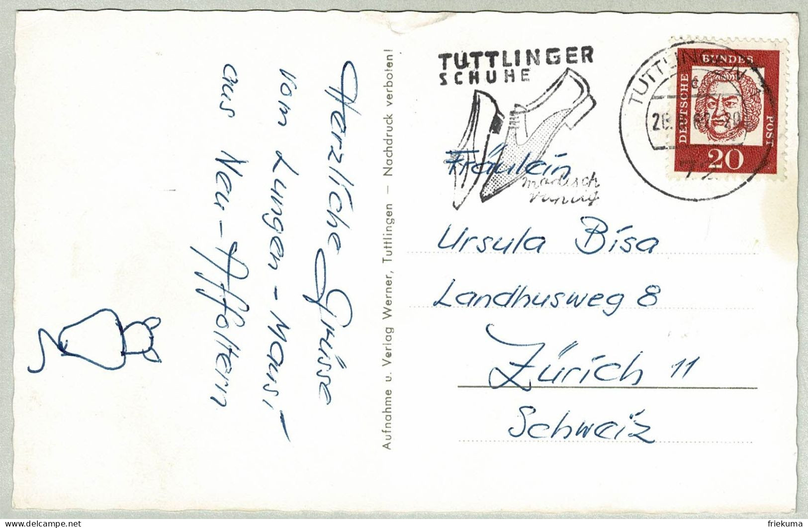 Deutsche Bundespost 1962, Ansichtskarte Tuttlingen - Zürich (Schweiz), Schuhe / Chaussures / Shoes - Textile