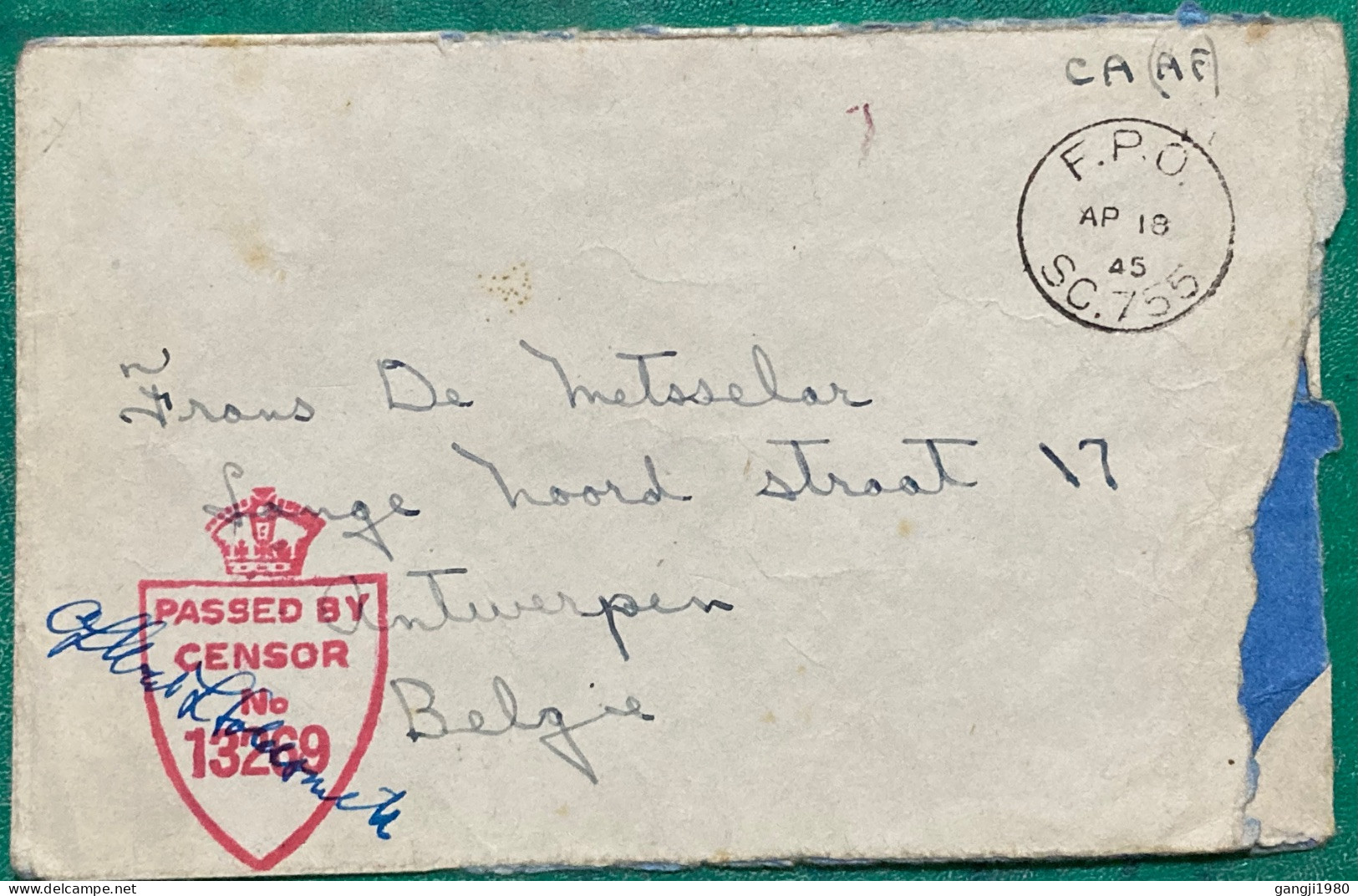 CANADA-GREAT BRITAIN- BELGIUM 1945, WORLD WAR 2, ARMY, MILITARY, CENSOR COVER TO BELGIUM, F.P.O SC 755, PASSED BY CENSOR - Lettres & Documents