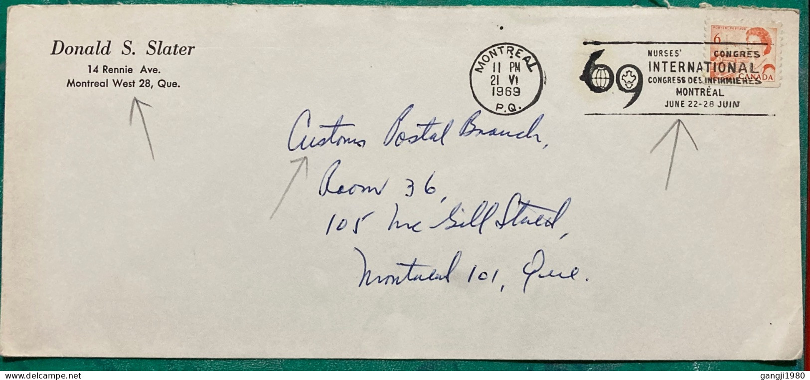 CANADA 1969, COVER USED TO CUSTOM POSTAL BRANCH, MACHINE SLOGAN, NURSES CONGRES INTERNATIONAL, FIRM DONALD S SLATER, MON - Storia Postale