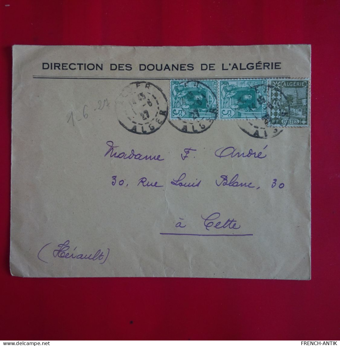 LETTRE ALGER DIRECTION DES DOUANES POUR SETE - Covers & Documents