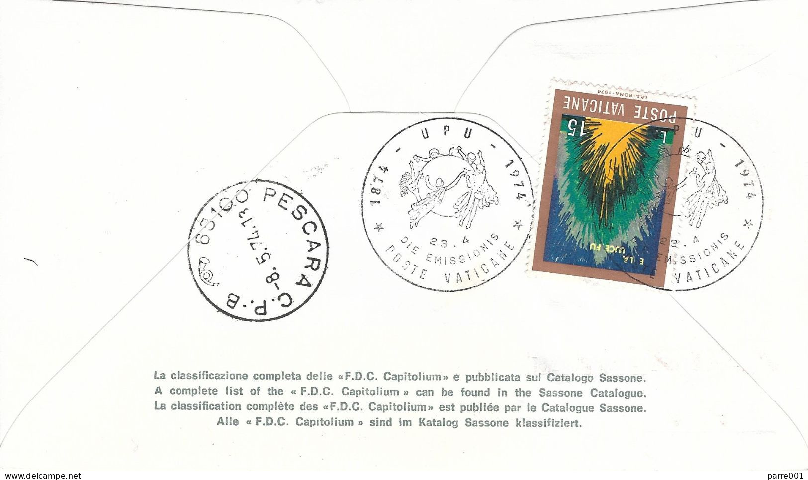 Vatican Vatikan 1974 UPU Centenary Sheep Pigeon Dove Registered FDC Cover - UPU (Universal Postal Union)