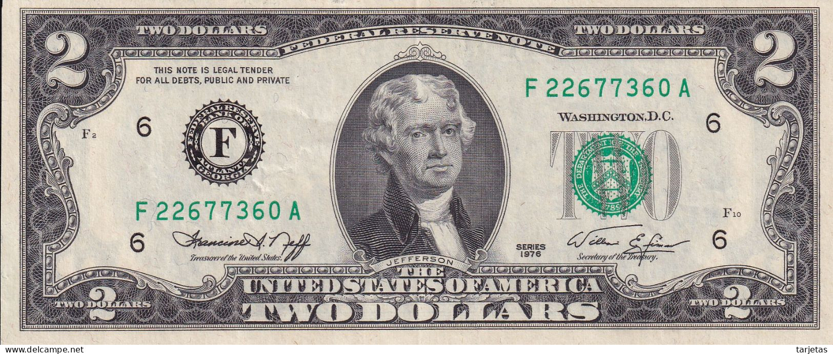 BILLETE DE ESTADOS UNIDOS DE 2 DOLLARS DEL AÑO 1976 SERIE F - ATLANTA (BANK NOTE) - Billetes De La Reserva Federal (1928-...)