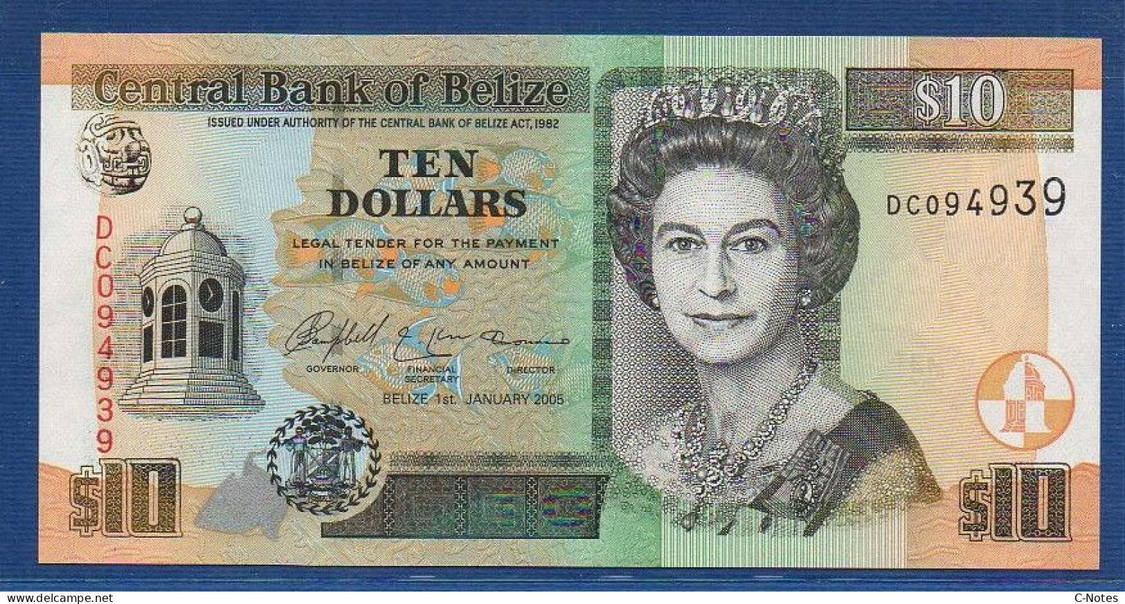 BELIZE - P.68b – 10 Dollars 2005 UNC, S/n DC094939 - Belize