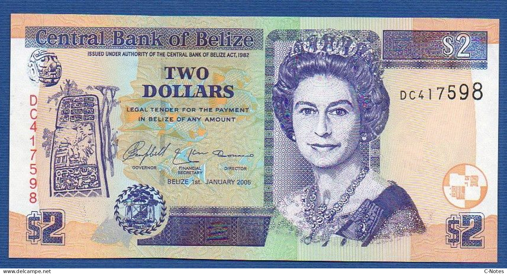 BELIZE - P.66b – 2 Dollars 2005 UNC, S/n DC417598 - Belize