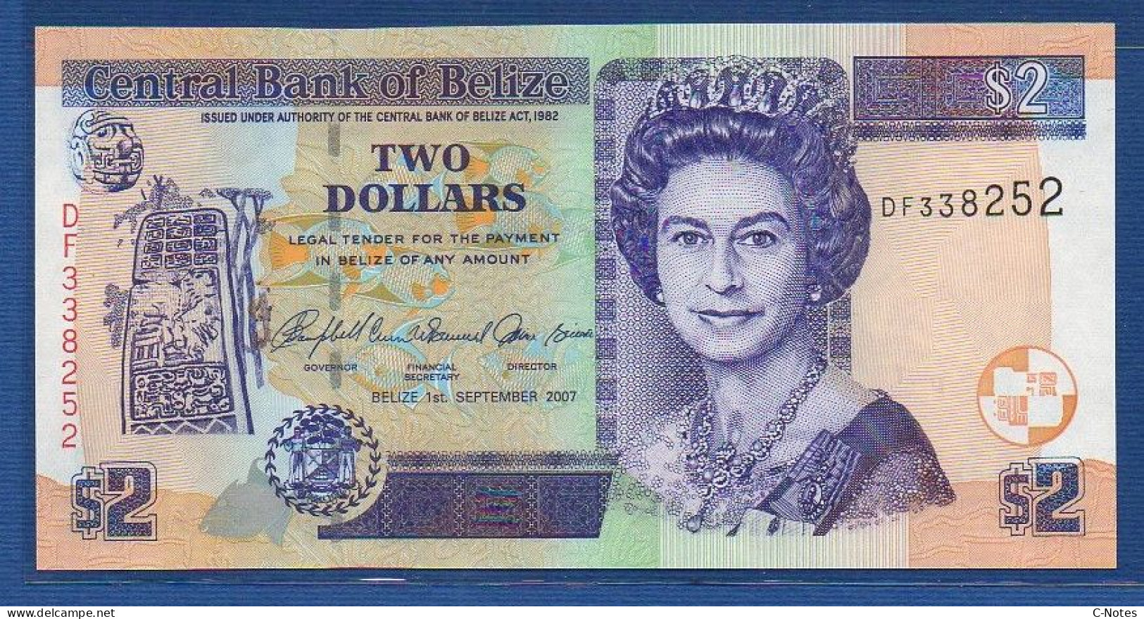 BELIZE - P.66c – 2 Dollars 2007 UNC, S/n DF338252 - Belize