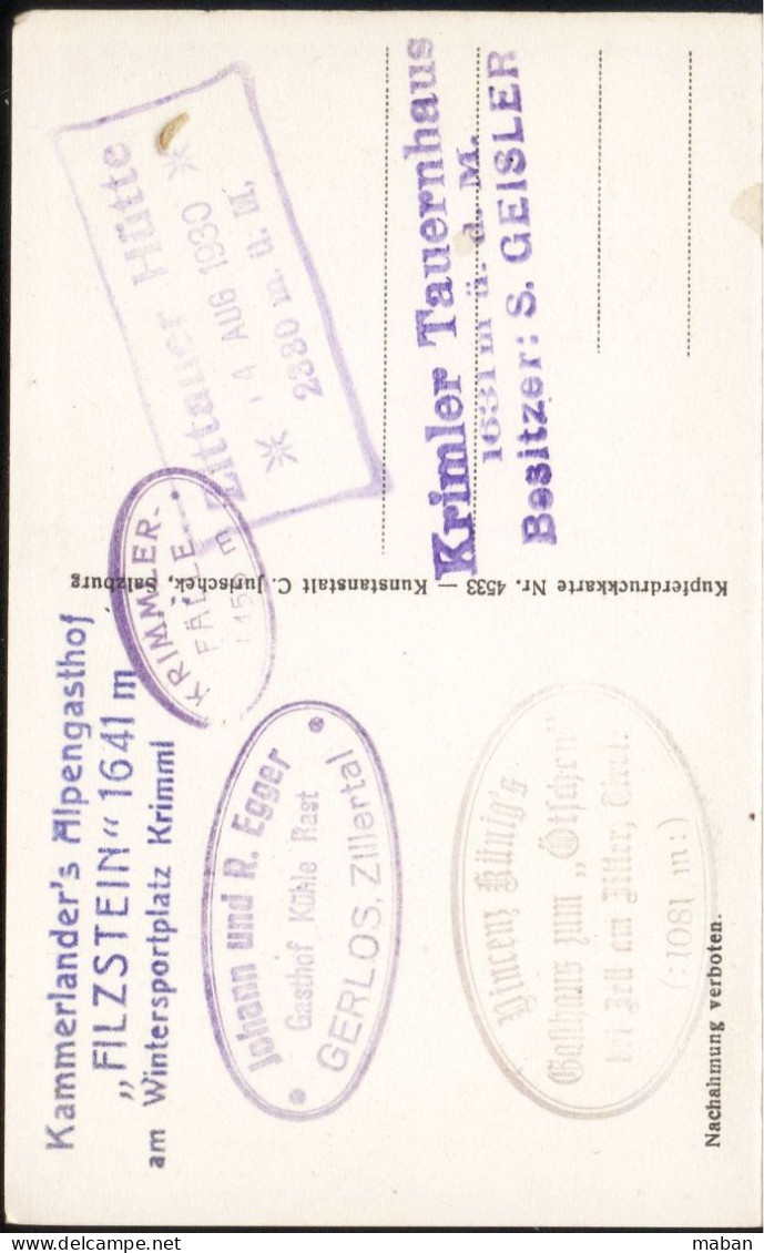Krimml 1930 - 4 uncut postcards with commemorative stamps.