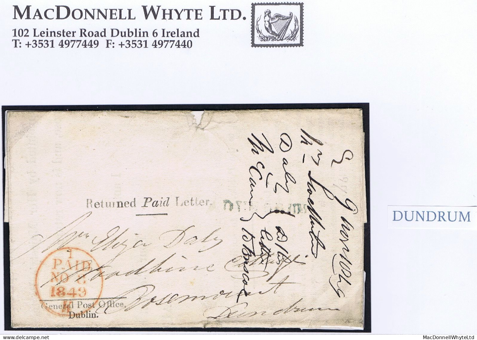 Ireland Dublin Returned Paid Letter 1849 Printed GPO Dublin Wrapper To Rosemount With Green DUNDRUM - Préphilatélie