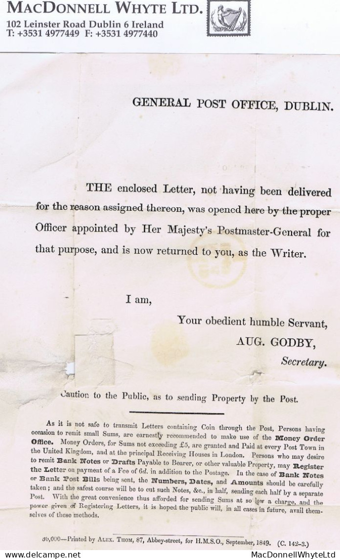 Ireland Dublin Returned Paid Letter 1849 Printed GPO Dublin Wrapper To Rosemount With Green DUNDRUM - Prefilatelia