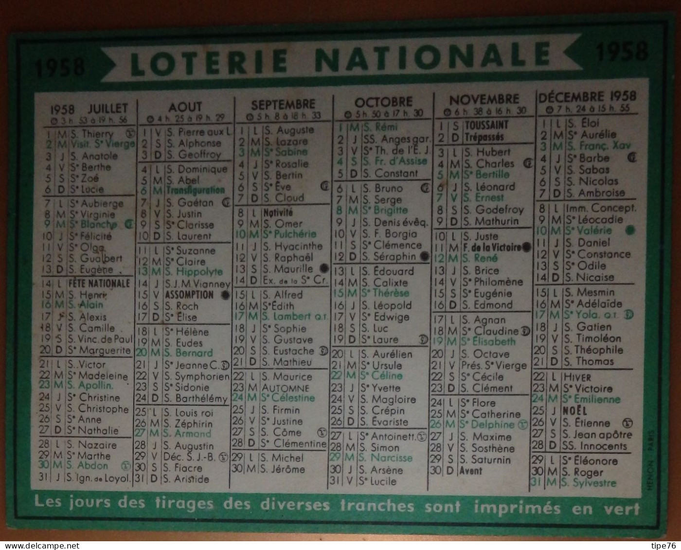 Petit Calendrier De Poche 1958 Loterie Nationale - Petit Format : 1941-60