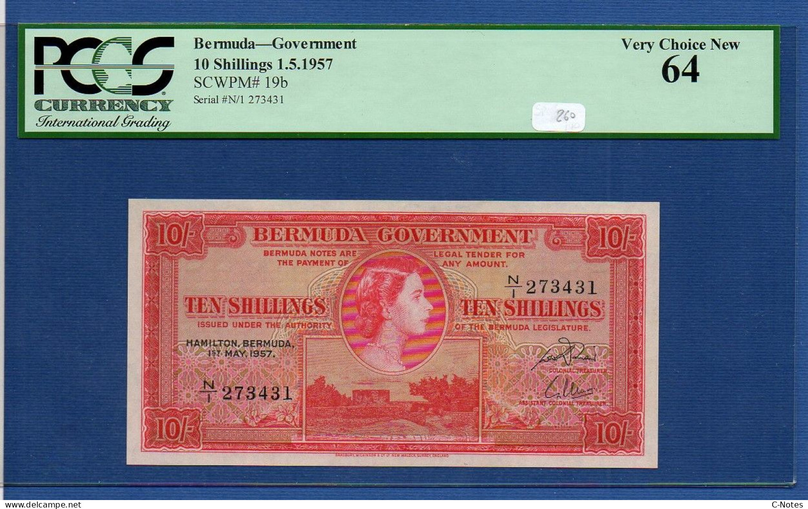BERMUDA - P.19b – 10 Shillings 1957 UNC- / PCGS 64, S/n N/1 273431 - Bermudas