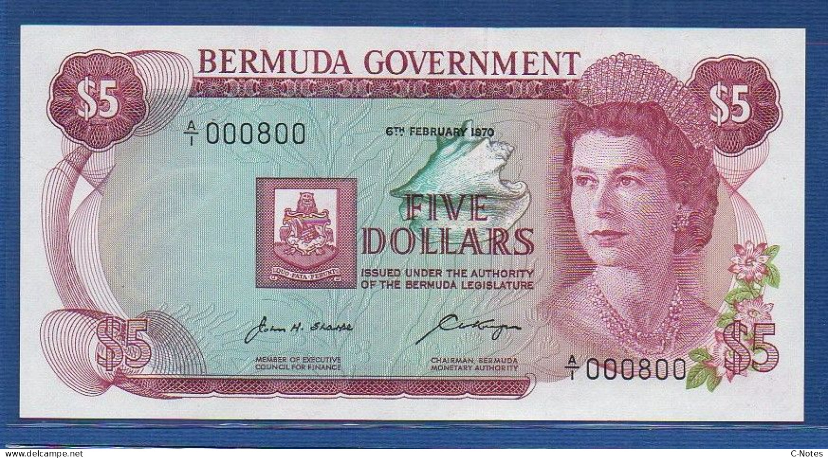 BERMUDA - P.24 – 5 Dollars 1970 UNC , S/n A/1 000800 LOW SERIAL - Bermude