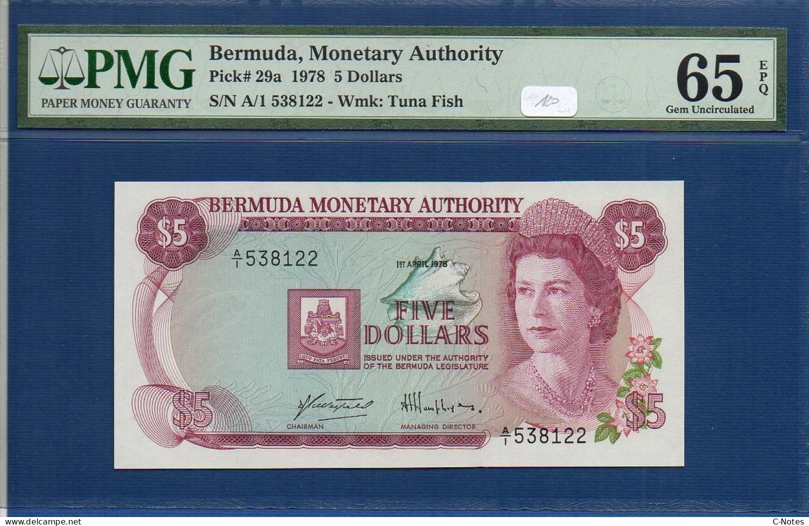 BERMUDA - P.29a – 5 Dollars 1978 UNC / PMG65, S/n A/1 538122 - Bermudas