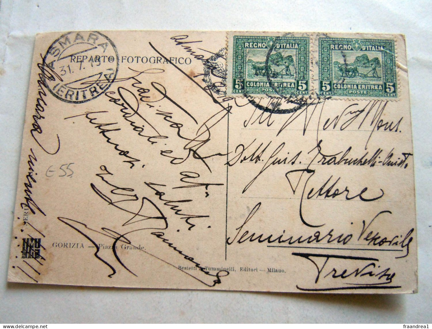 -TIMBRO POSTALE -#-  ASMARA 5+5 CENTESIMI SU CARTOLINA WWI GORIZIA PIAZZA - Etiopia