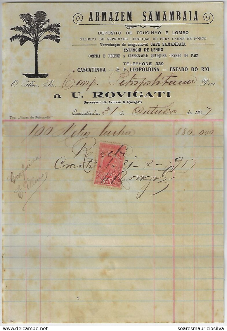 Brazil 1917 Fern Warehouse Invoice To Petropolitan Company Rio De Janeiro National Treasury Tax Revenue Fiscal Stamp - Covers & Documents