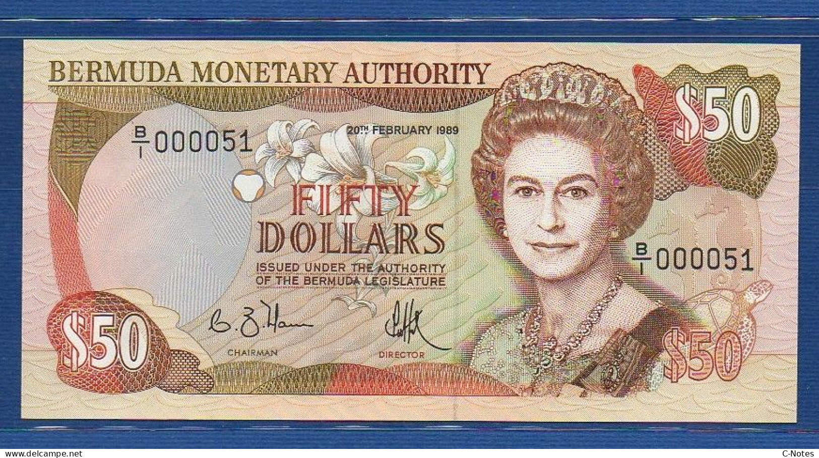 BERMUDA - P.38 – 50 Dollars 1989 UNC, S/n B/1 000051 LOW NUMBER - Bermudas