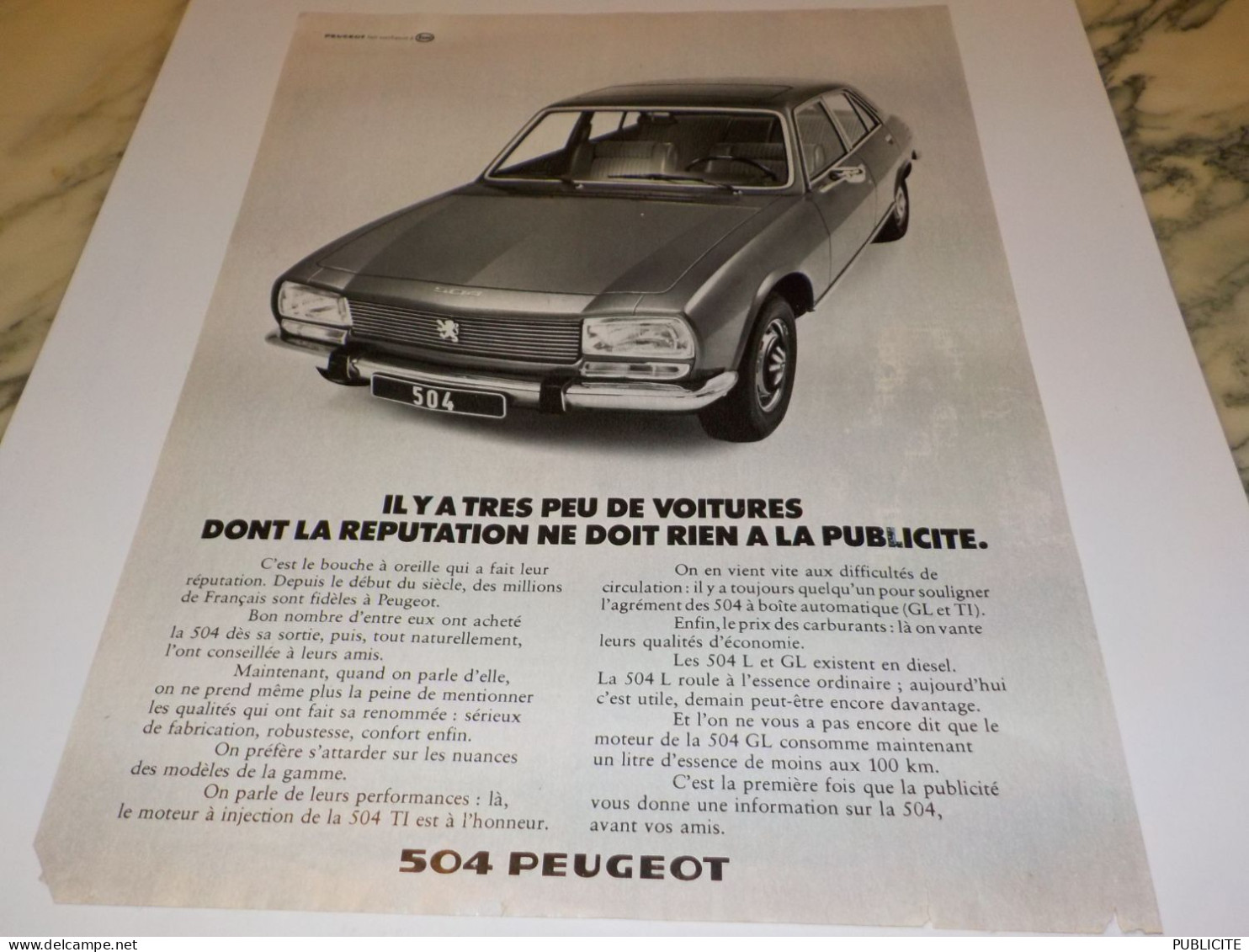 ANCIENNE PUBLICITE 504 DE PEUGEOT  1972 - Voitures