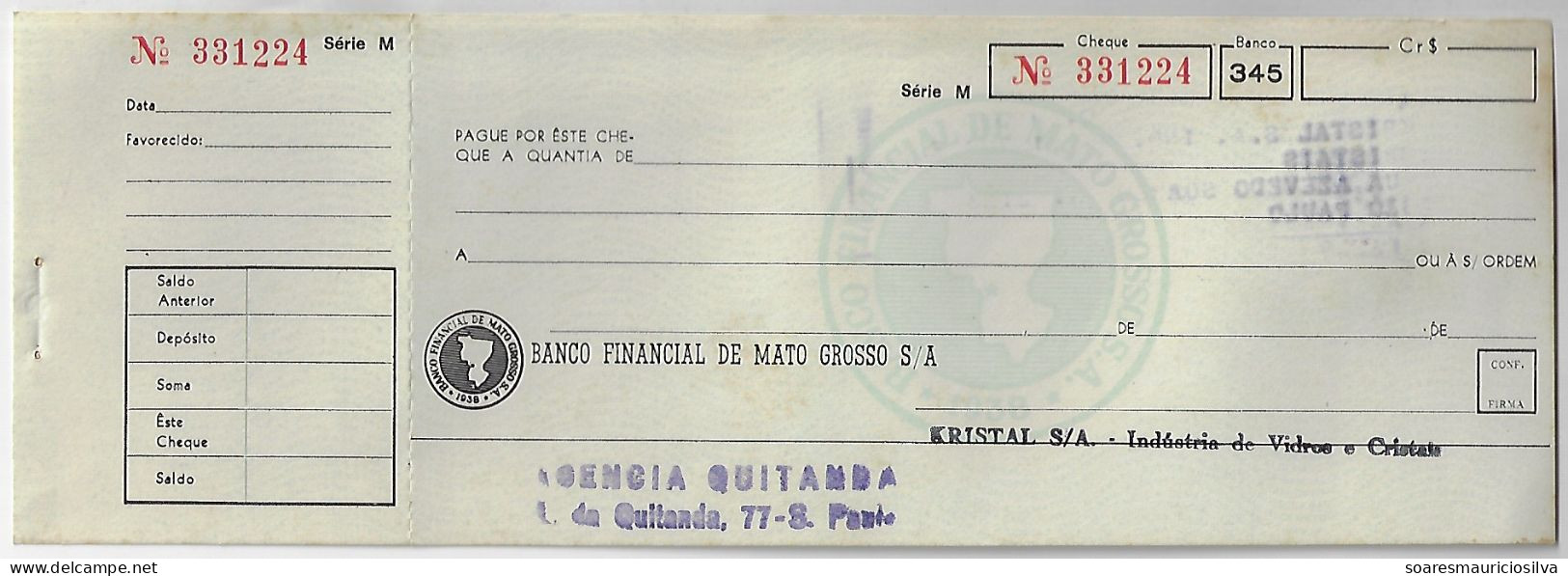Brazil 1960s Check Financial Bank Of Mato Grosso SA Value In Cr$ Cruzeiro With Stub - Cheques & Traveler's Cheques