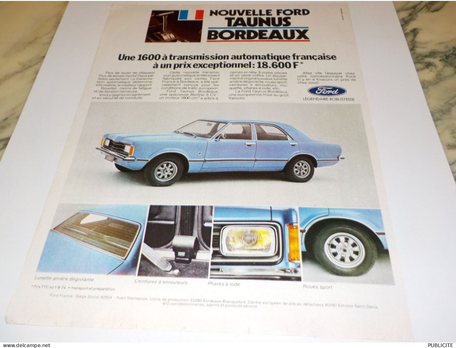 ANCIENNE PUBLICITE VOITURE FORD TAUNUS BORDEAUX 1972 - Voitures