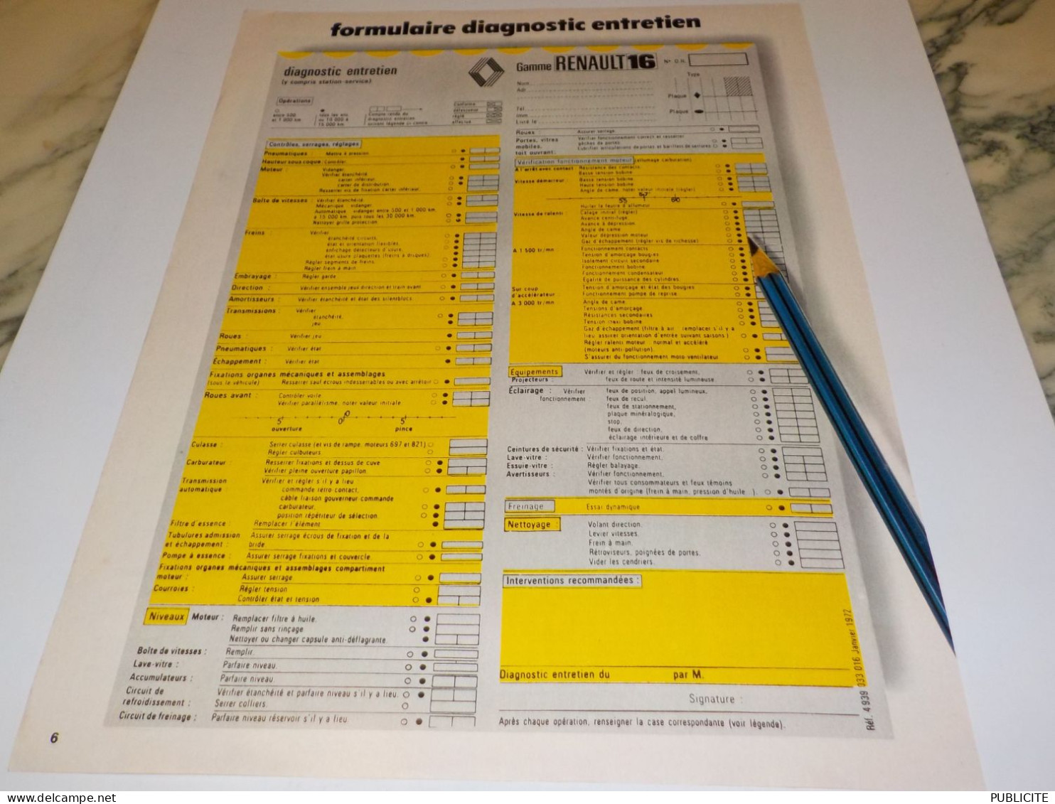 ANCIENNE PUBLICITE FORMULAIRE DIAGNOSTIC ENTRETIEN RENAULT 1972 - Voitures