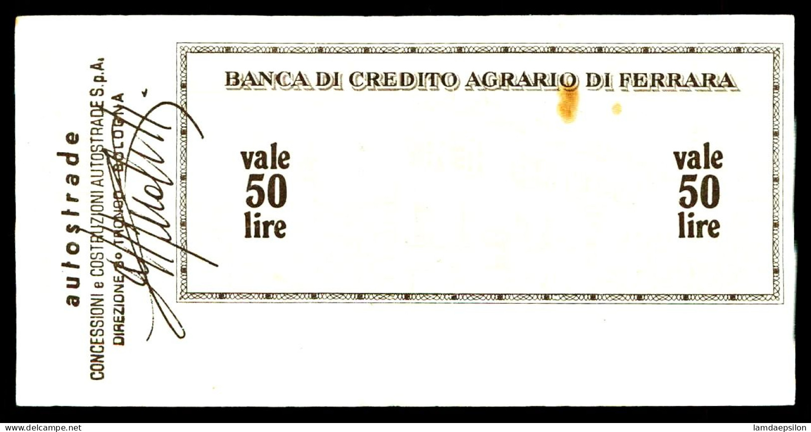 A8 ITALIE   BILLETS DU MONDE   BANKNOTES  BANCA DI FERRARA 50 LIRE 1977 - Sonstige & Ohne Zuordnung