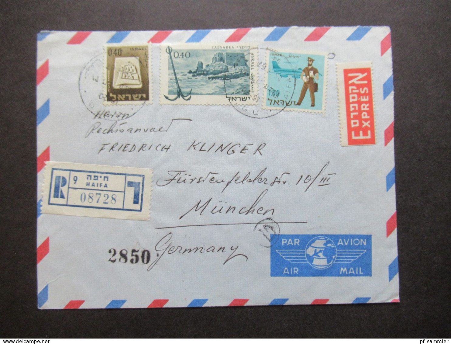 Israel 1967 Auslandsbrief Nach München / Einschreiben Express Beleg Haifa Air Mail / Rückseitig 6 Stempel!! - Cartas & Documentos