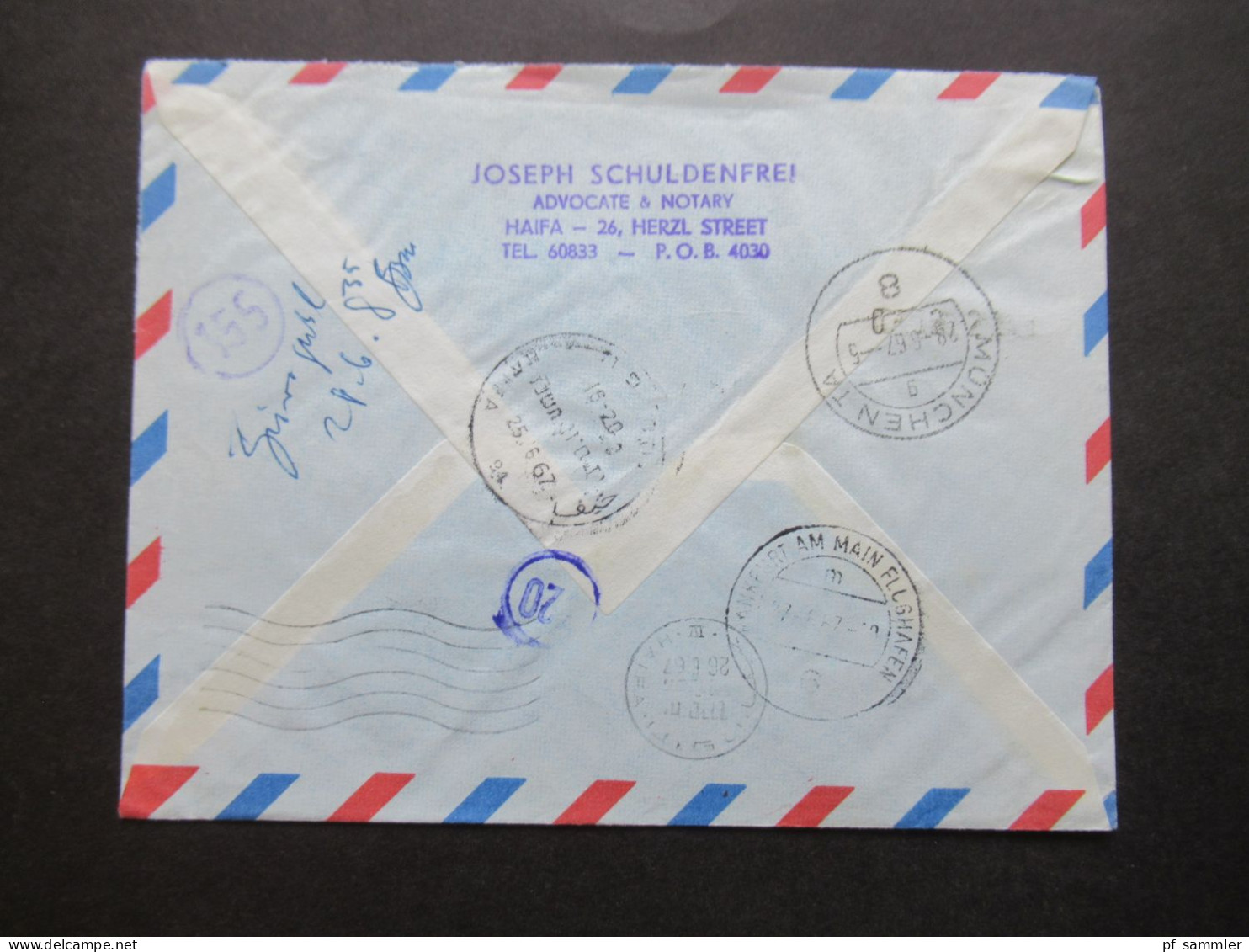 Israel 1967 Auslandsbrief Nach München / Einschreiben Express Beleg Haifa Air Mail / Rückseitig 6 Stempel!! - Cartas & Documentos