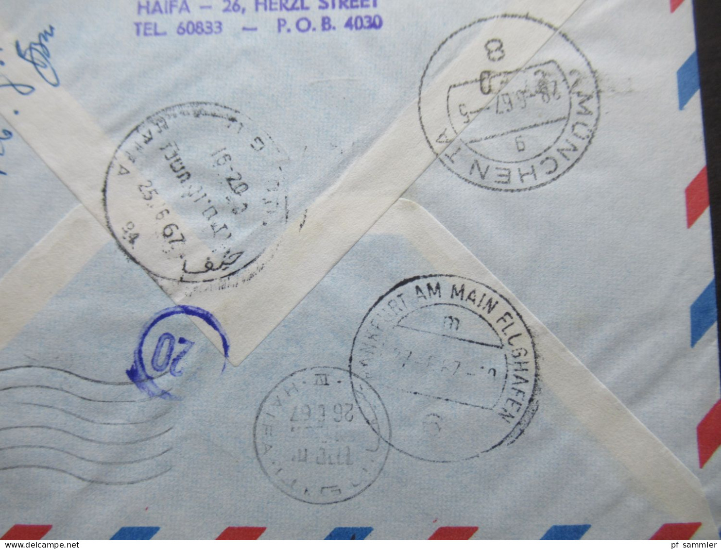 Israel 1967 Auslandsbrief Nach München / Einschreiben Express Beleg Haifa Air Mail / Rückseitig 6 Stempel!! - Covers & Documents