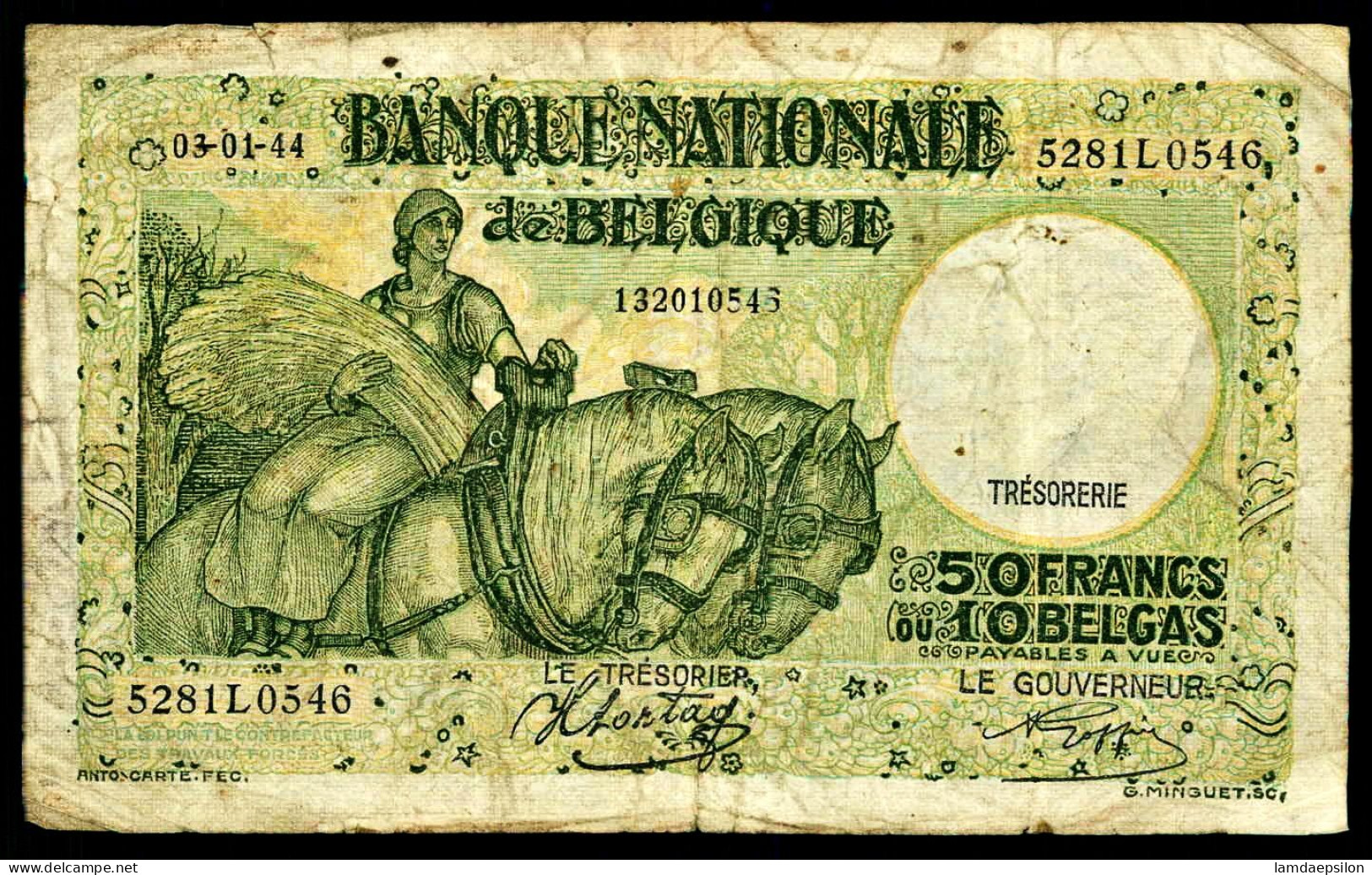 A8 BELGIQUE   BILLETS DU MONDE   BANKNOTES  50 FRANCS 1944 - Sonstige & Ohne Zuordnung