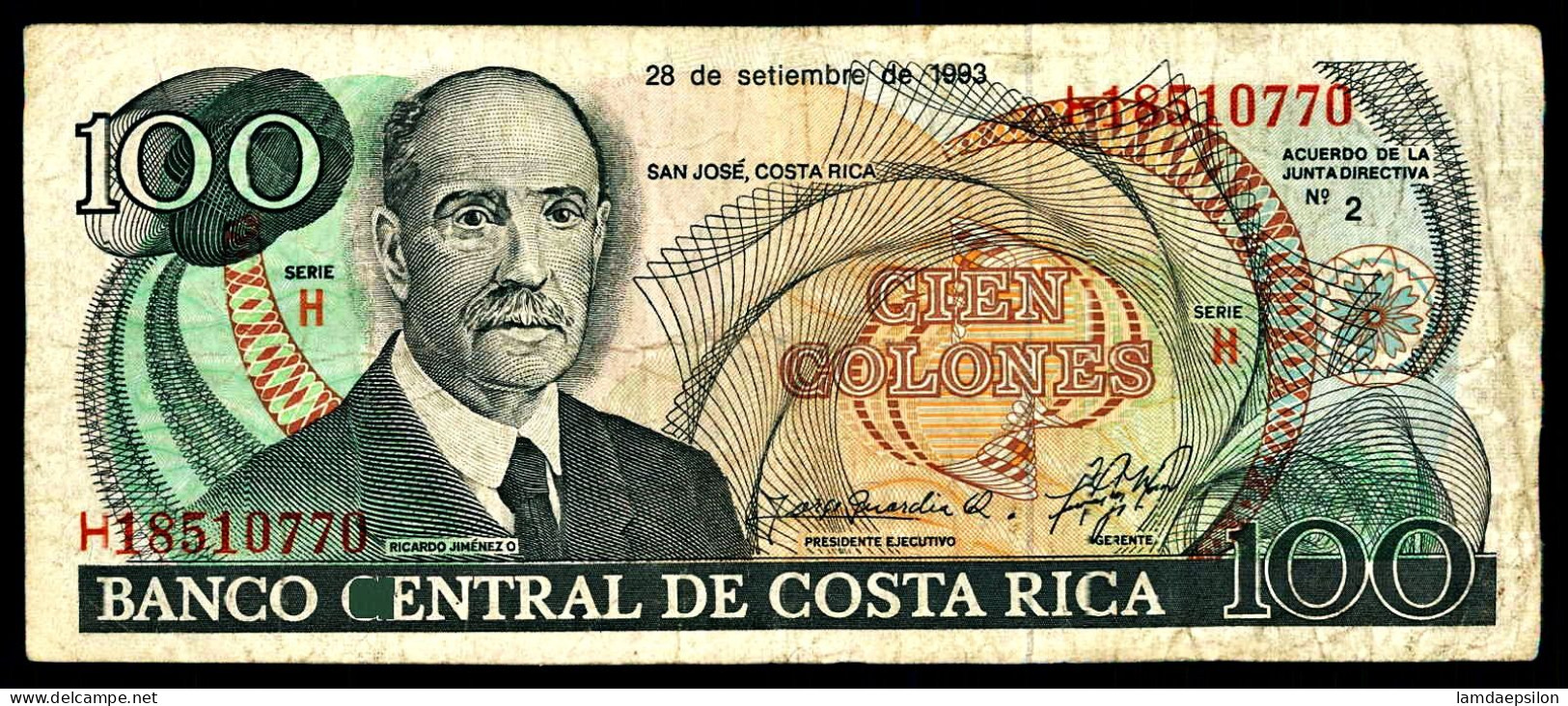 A8 COSTA RICA    BILLETS DU MONDE   BANKNOTES  100 COLONES 1993 - Costa Rica