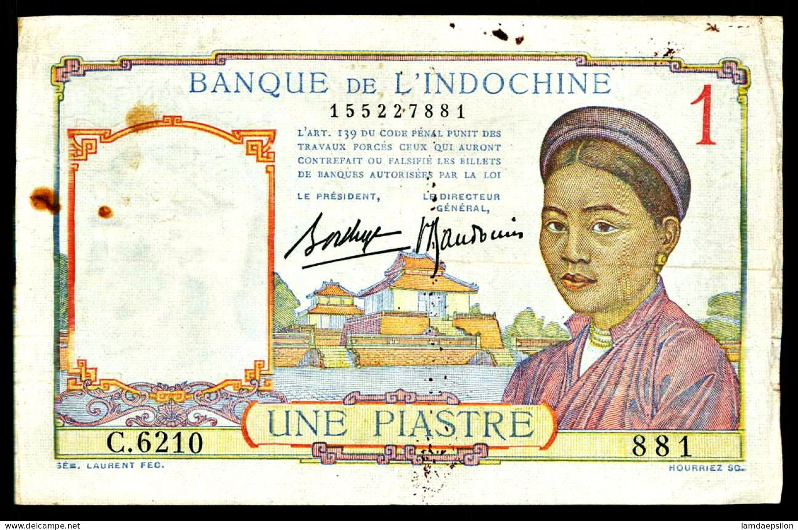 A8 INDOCHINE   BILLETS DU MONDE   BANKNOTES  1 PIASTRE 1949 - Indochine
