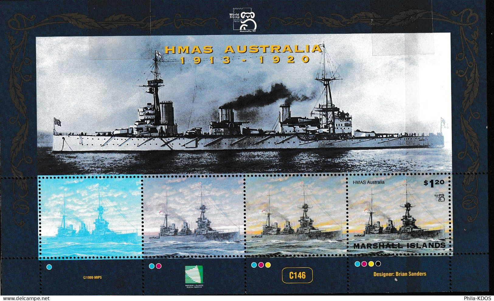 " EXPO. PHILATELIQUE AUSTRALIA'99 / HMAS AUSTRALIA 1913-1920 " Sur Bloc Feuillet Neuf ** MNH Des Iles Marshall. - Marshallinseln