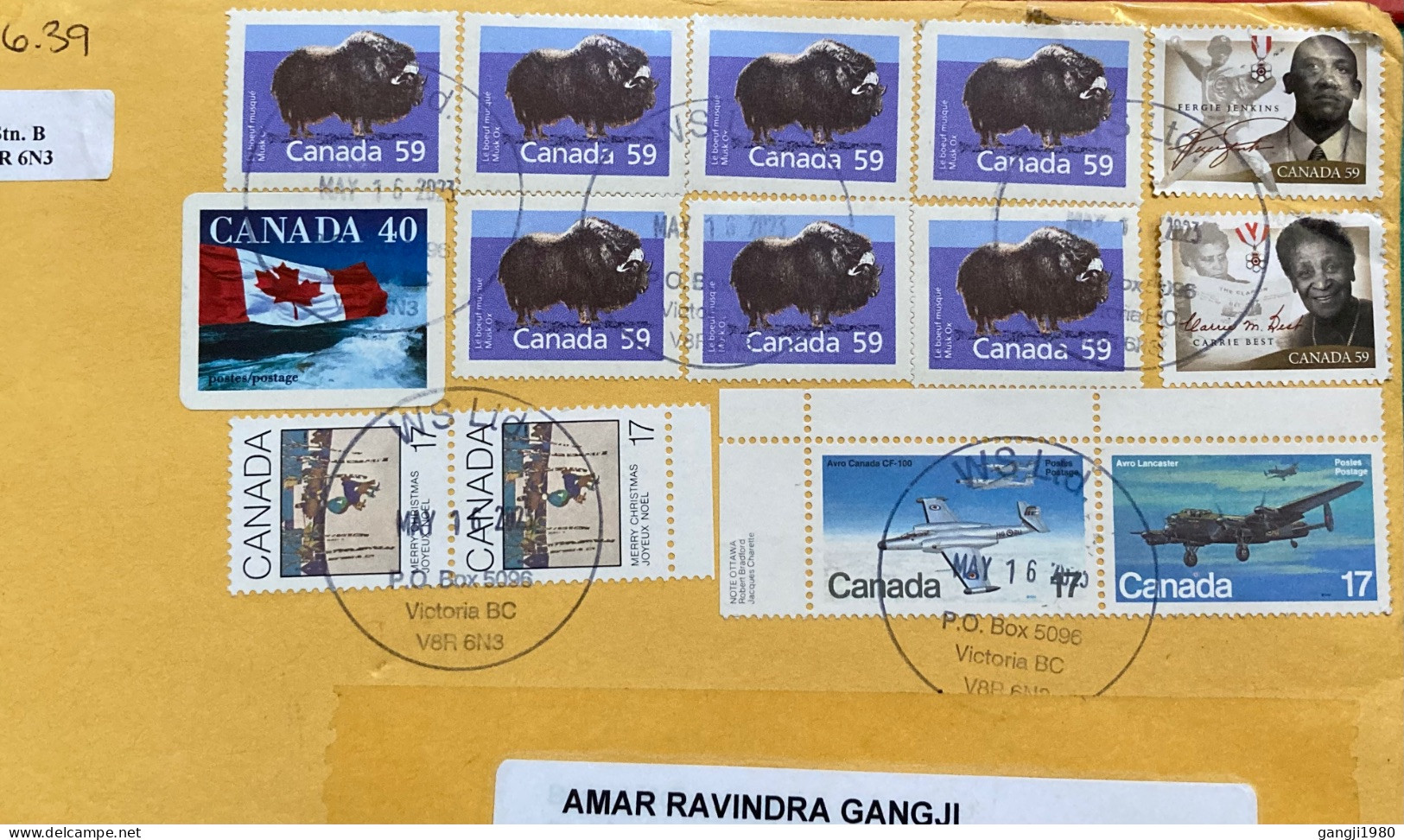 CANADA-2023, COVER USED TO INDIA, MULTI 14 STAMP, PEEL & STICK FLAG, OX,. AEROPLANE, CARRIE BEST, FERGIE JENKINS, CHRIST - Storia Postale